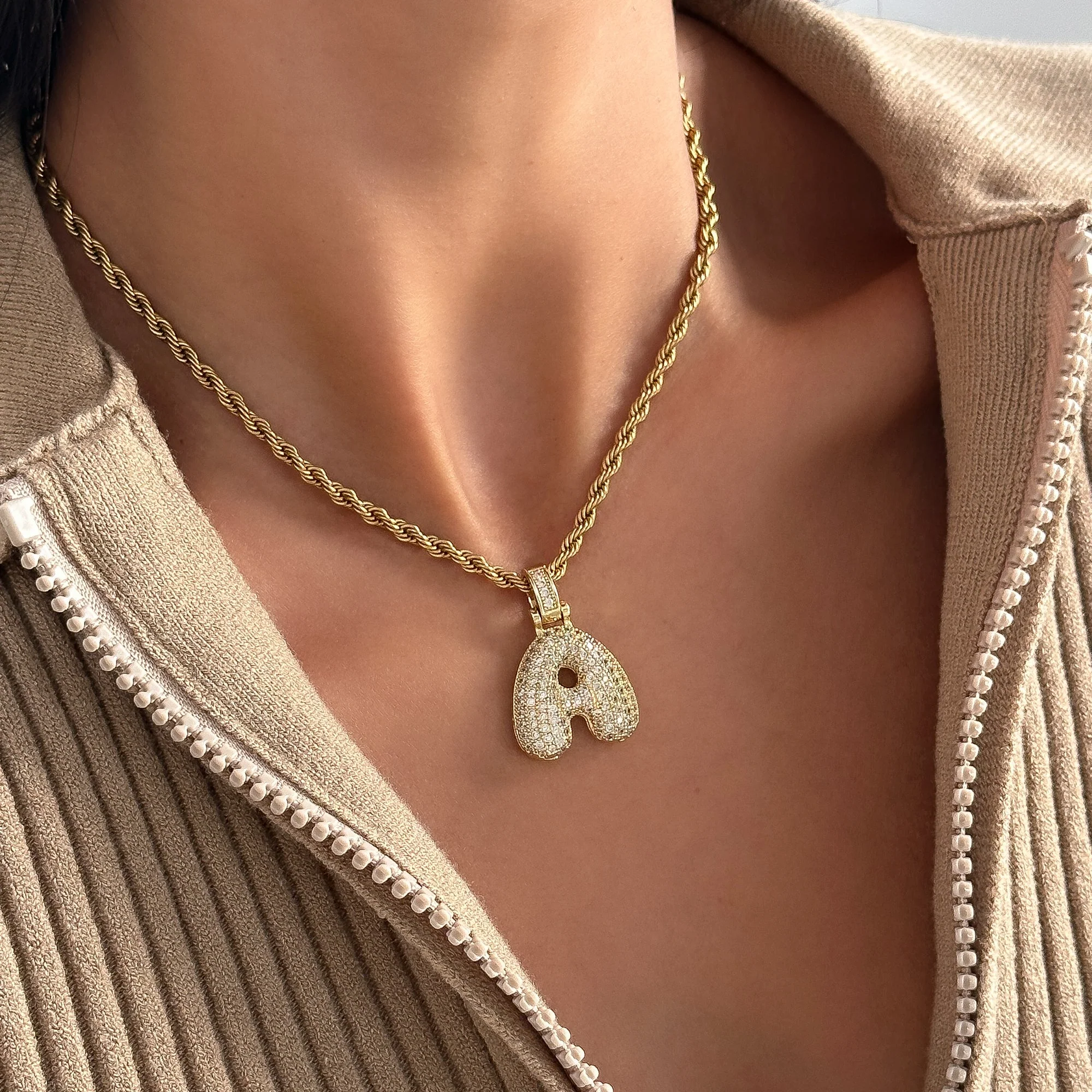 Pave Bubble Letter Initial Necklace - Image 5