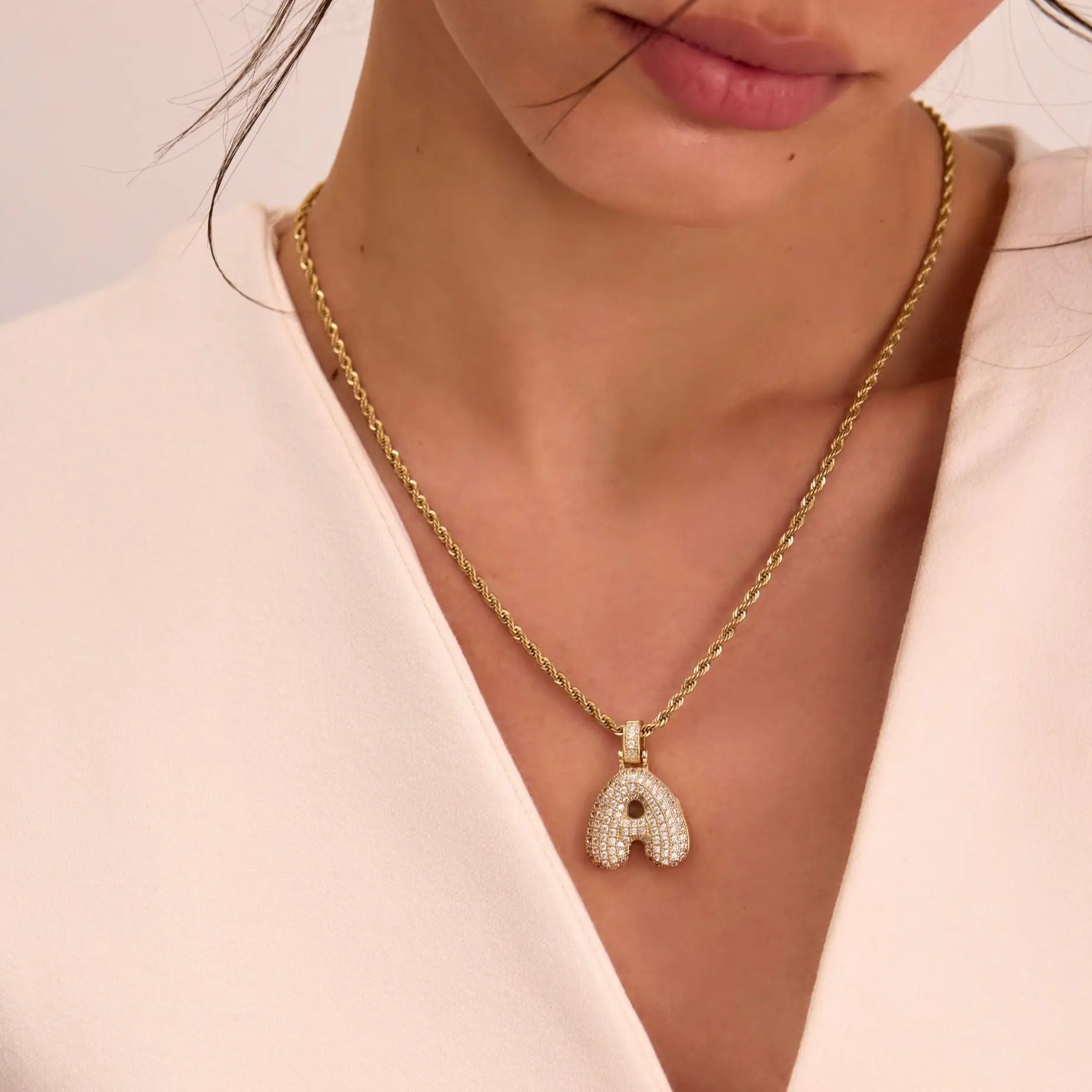 Pave Bubble Letter Initial Necklace - Image 7
